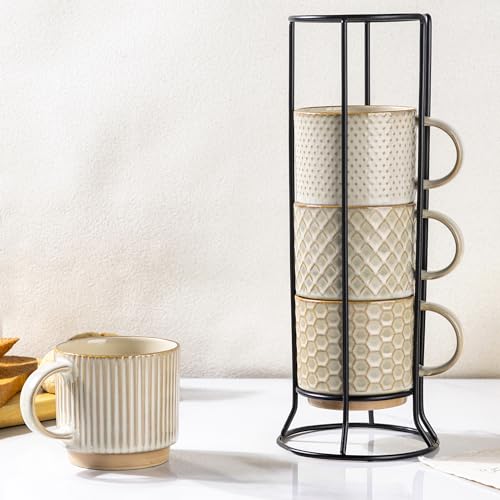 GBhome 12 OZ Stackable Coffee Mugs Set of 4, Ceramic Coffee Cups Set | Coffee Mugs With Stand, Dishwasher&Microwave Safe, 4 Assorted Designs - color: Pale Khaki, size: 12oz (With Stand)