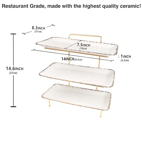 Three-Tier Ceramic Plate Rack - Foldable Gold Plate Rack with Three Large 14-inch White Plates for displaying Food, Fruit, Desserts, and Entertaining Guests. - color: 3-tier 14 Inch Serving Rack