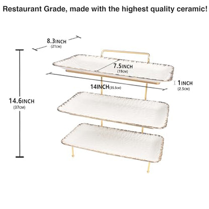 Three-Tier Ceramic Plate Rack - Foldable Gold Plate Rack with Three Large 14-inch White Plates for displaying Food, Fruit, Desserts, and Entertaining Guests. - color: 3-tier 14 Inch Serving Rack