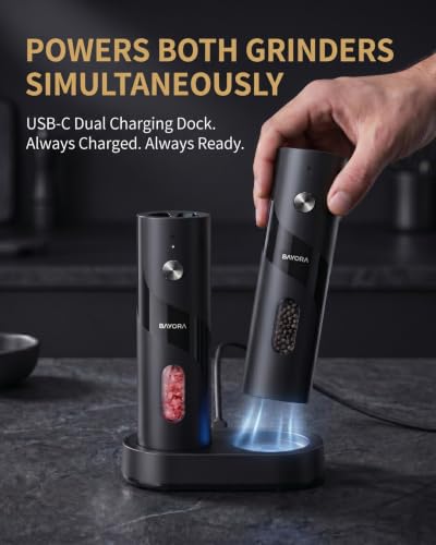 Rechargeable Electric Salt & Pepper Grinder Set, Charging Base, 2-Pk | Adjustable coarseness, large capacity, LED grind light, ceramic core, no batteries needed. Great kitchen gift.