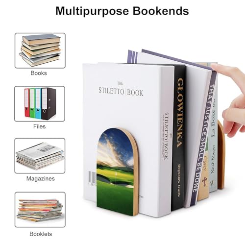Golf Course Wood Bookends with Metal Base, Decorative Book Holder for Shelves - Wooden Book Ends for Office, Library, Desk & Home Decor