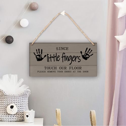 Little Fingers Sign - Please Remove Shoes At Door - 12x12in Grey No Shoes Sign for Front Door Wall Hanging - color: Dark Grey-Since Little Fingers