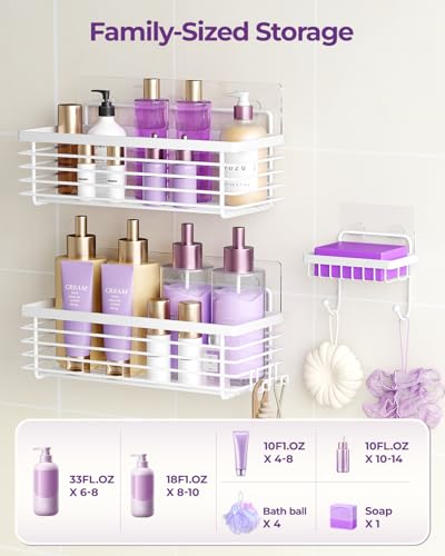 Shower Shelves Adhesive 3 Pack Stainless Steel Storage Organizers-White | No drilling wall mounted,rust-resistant,large capacity,quick drainage,easy to clean,suitable for bathrooms and kitchens - color: White