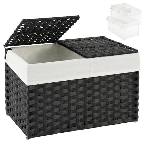 SETVSON Storage Basket with Lid PE Rattan Woven Storage Bins, 65L Black | 65L Storage Bin with 2 Separate Lids, 2 Removable Liner Bags with Divider, Sturdy Metal Frame, Foldable Side Handles - color: Black, size: 65L-22L*13W*13.8H