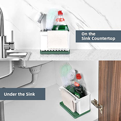 JOMOLA Kitchen Sink Organizer Dish Brush Sponge Holder Caddy Toothbrush Holders for Bathrooms Sinkware Kitchen Utensil Holder Sink Caddy Organizer with 4 Separate Dividers Removable Drain Tray (Green) - color: Green