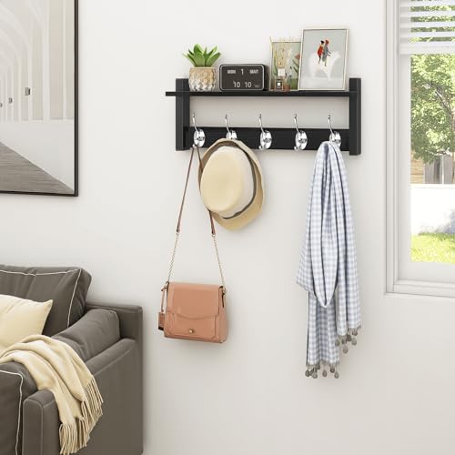 Wall Coat Rack With Shelf, Wood Entryway Hanger With Hooks, Small Floating Pegs for Hanging Coats, Hats, Purses, Backpacks, Black - color: Black, size: 17.1 Inch Long