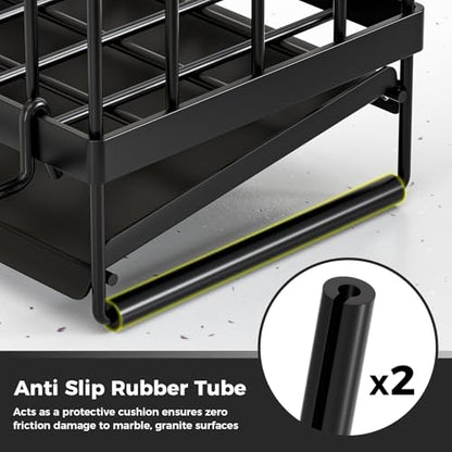 Kitchen Sink Organizer, Stainless Steel Sponge Holder, Black | Rust-Resistant Steel, Detachable Draining Board, Compartment Divider, Brush Holder & Towel Bar, Ideal for Kitchen Storage - color: Black