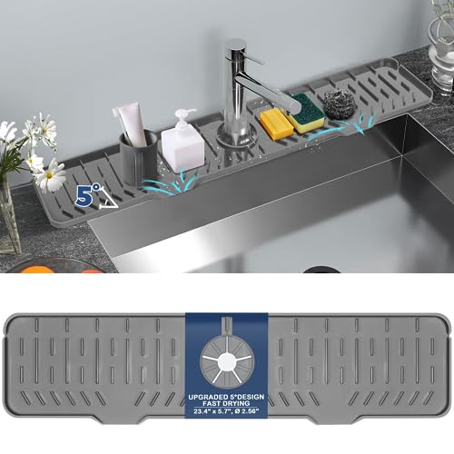 24" Splash Guard Plus Size Silicone Sink Faucet Drying Mat Handle Drip Catcher Tray Dish Sponge Holder Kitchen Accessories Protector Home Organization Gadgets Organizer - size: Grey: 23.4"x5.7"