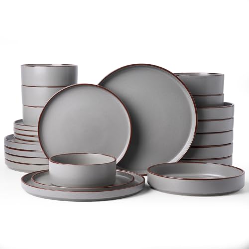 Famiware Nebula Ridge 24-Piece Dinnerware Set with Pasta Bowls, Dark Gray | Stoneware Plates and Bowls for 6, Warm Hand-Painted Rims, Microwave and Dishwasher Safe - color: Dark Gray, size: Service for 6 (Include Pasta Bowls)