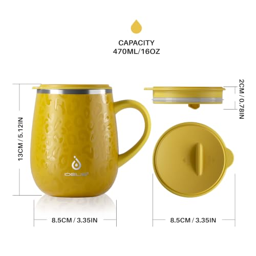 Ideus 16 oz Insulated Coffee Mug with Handle and Lid, Double Wall Stainless Steel Vacuum Thermal Coffee Mug, Travel Coffee Cup Thermal Cup for Home and Office (Leopard Yellow, FUJI DAWN) - color: Leopard Yellow
