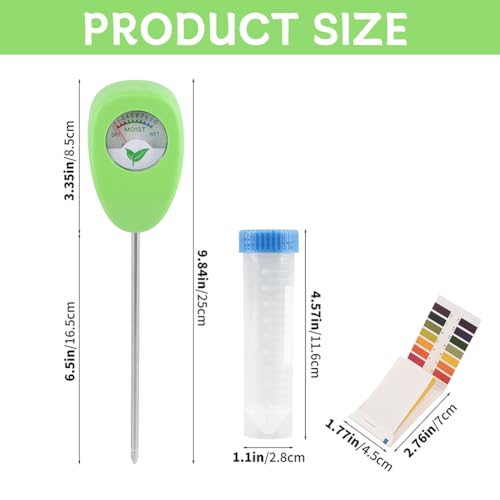Soil Moisture Meter for Plants with pH Strips No Battery | 6.5 in soil moisture meter with Dry Moist Wet dial plus 25 pH strips for potted plants and potting soil checks