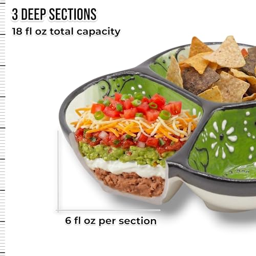 3-Compartment Ceramic Serving Dish, Handmade in Spain | 7.5” divided chip and dip bowl with lead-free glaze, microwave, oven and dishwasher safe, ideal for tapas, snacks and sauces - color: Onyx Green