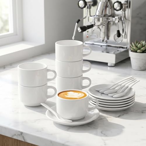 Hedume 6 Pack 5 OZ Espresso Cups with Saucers and Spoons, Stackable Espresso Coffee Cup Set for Specialty Coffee Drinks, Latte, Cafe Mocha and Tea - Safe for Dishwasher, Microwave, Oven and Freezer