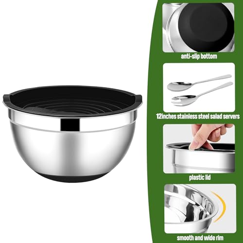 ShineMe Stainless Steel Salad Bowl with Lid, Extra Large Metal Bowl with Serving Utensils for Preparing, Mixing, Marinating, and Serving with Anti-slip Bottom, Unbreakable Kitchen Bowls 7QT - color: Silver