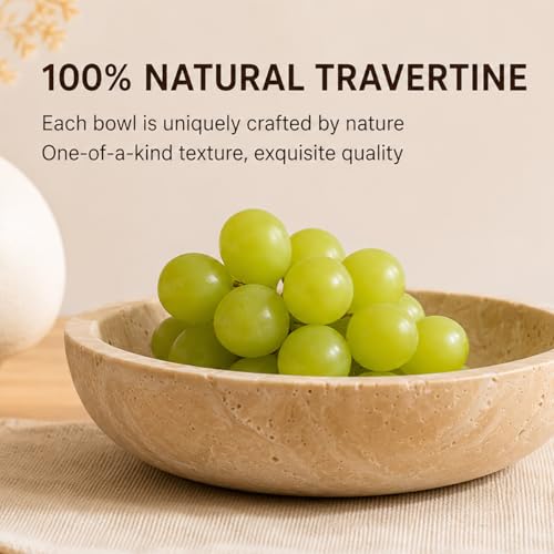 Natural Travertine Decorative Bowl for Coffee Table – 7.8”Handmade Beige Stone Fruit Bowl, Key Bowl for Entryway Table, Modern Catchall Tray, Vanity Jewelry Dish, Rustic Home Decor Centerpiece
