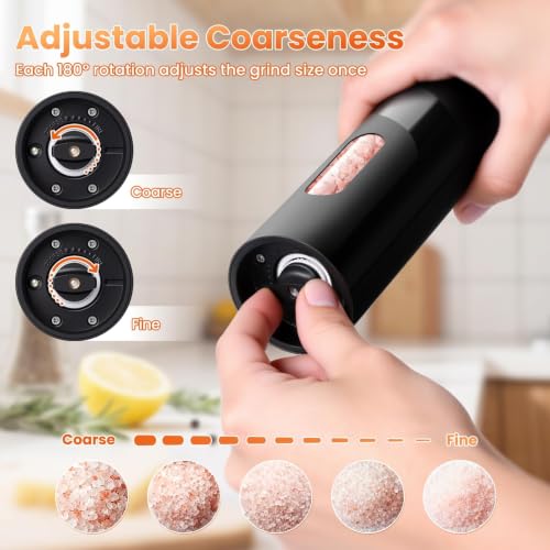 110ml Electric Salt and Pepper Grinder Set 2 Pack Rechargeable Auto Shakers | Large Capacity Spice Mill with Adjustable Coarseness for Kitchen, Cooking, Outdoor Dining and Home Use (Black & White)