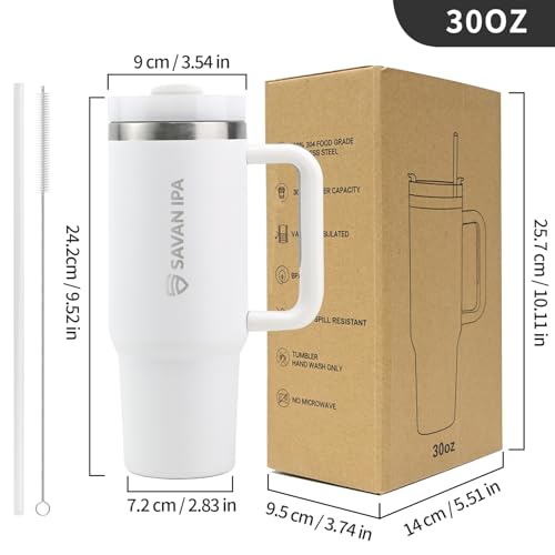 Insulated Tumbler, White, 30 oz | Stainless Steel Vacuum, Handle and Straw, Leak Resistant Lid, Fits Car Cup Holder - color: White, size: 30 oz