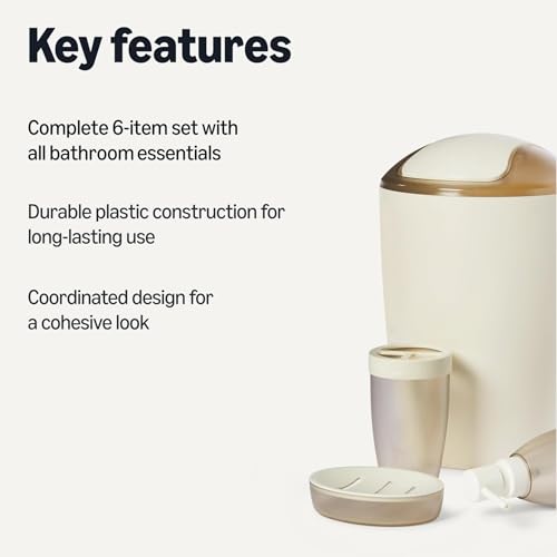 Amazon Basics 6-Piece Bathroom Accessory Set with Toothbrush Holder, Soap Dispenser, Soap Dish, Toothbrush Cup, Trash Can and Toilet Brush & Holder, Ivory - color: Ivory