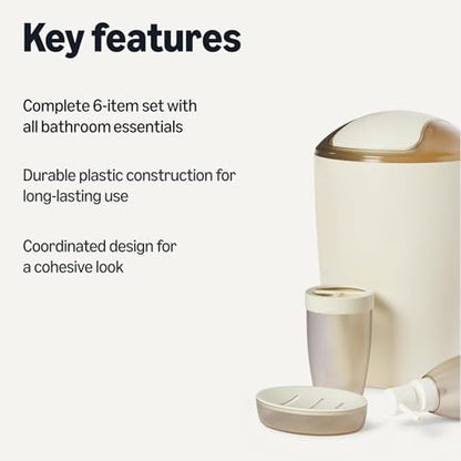 Amazon Basics 6-Piece Bathroom Accessory Set with Toothbrush Holder, Soap Dispenser, Soap Dish, Toothbrush Cup, Trash Can and Toilet Brush & Holder, Ivory - color: Ivory