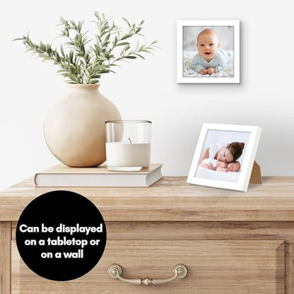 Americanflat 4x4 Picture Frame - Slim Molding - White | Shatter-resistant glass, wall or tabletop display with included easel, triangle hangers included, secure turn-tab backing - color: White, size: 4x4