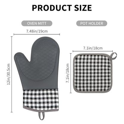 Tifanso 4PCS Heat Resistant Silicone Plaid Oven Mitts & Pot Holders, Grey | Non-Slip Grip Surface, Soft Cotton Lining, Ideal for Cooking Baking Grilling, Easy to Clean, Practical Kitchen Essential