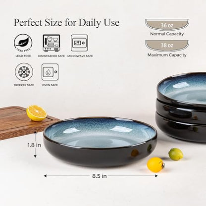 LERATIO 8.5" Ceramic Pasta Bowls Set of 4,38oz Large Stoneware Bowls Set | Reactive Glaze Serving Bowls Set,Wide Bowl for Pasta,Salad,Fruit & Noodles,Housewarming & Wedding Gift-Light Green - color: Blue White, size: Set of 4