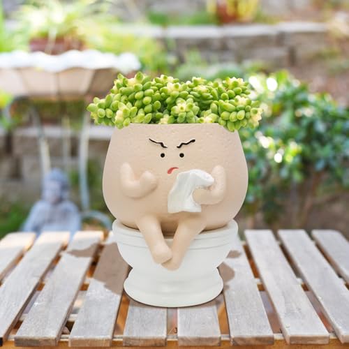 Funny Toilet Plant Pot Self Watering Face Planter for Indoor Plants | Quirky Succulent Flower Pots with Drainage Hole, Home Garden Decor Gift for Women Friends Family on Christmas Birthday