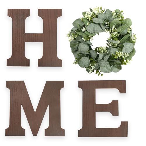 Wood Home Sign with Eucalyptus Wreath for O Home Decor Wall Decor | Hanging Farmhouse Wall House Decor Wood Letters for Wall Art Rustic Home Decor Wall Decor Living Room Kitchen Entryway Brown - color: Brown+Eucalyptus, size: 9.8L" x 9.8W"