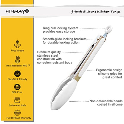 HINMAY Silicone Kitchen Tongs 9-Inch Basics Tongs, Set of 3 (White) - color: White