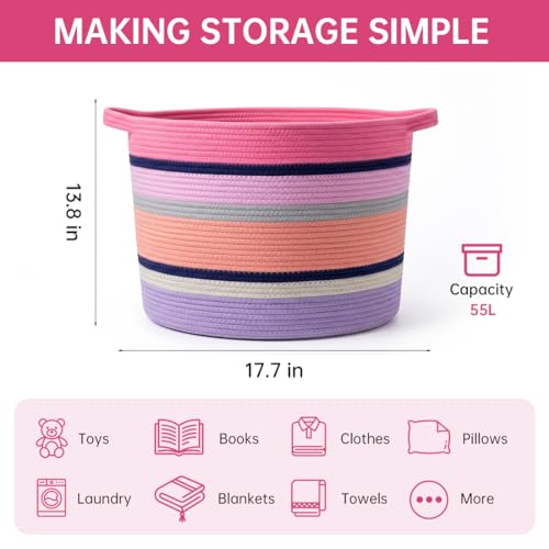 Pink Large Blanket Basket with Handles, 55 L Woven Rope Toy Basket, Foldable Storage Bin for Blankets, Toys & Laundry, stuffy storage for Bedroom & Playroom&Living room (17.7"D * 13.8"H) - size: 17.7"D * 13.8"H