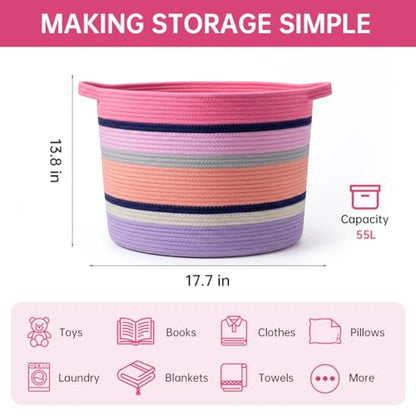 Pink Large Blanket Basket with Handles, 55 L Woven Rope Toy Basket, Foldable Storage Bin for Blankets, Toys & Laundry, stuffy storage for Bedroom & Playroom&Living room (17.7"D * 13.8"H) - size: 17.7"D * 13.8"H