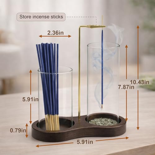 2-in-1 Incense Holder with Glass Ash Catcher & Stick Storage, Wooden Incense Burner for Relaxation, Stress Relief, Mess-Free Home Use, Self-Care, Meditation, Yoga, Bedroom & Living Room (Sapele) - color: Sapele