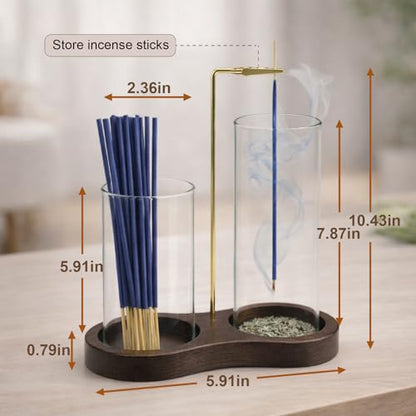 2-in-1 Incense Holder with Glass Ash Catcher & Stick Storage, Wooden Incense Burner for Relaxation, Stress Relief, Mess-Free Home Use, Self-Care, Meditation, Yoga, Bedroom & Living Room (Sapele) - color: Sapele
