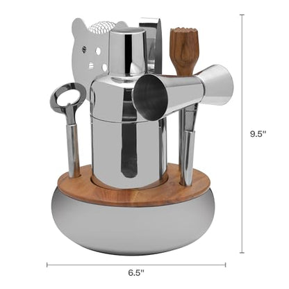 Mikasa 8-Piece Bar Tool Set with Stand - Polished Stainless Steel Cocktail Shaker, Muddler, Strainer, Jigger, Ice Tongs, Cap Lifter and Acacia Wood Organizer
