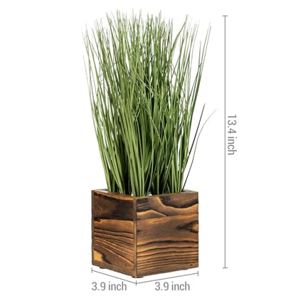 MyGift Artificial Green Grass Plants Trio in Rustic Burnt Solid Wood Planter Boxes, Faux Greenery in Decorative 4 Inch Square Wooden Containers, Set of 3 - color: Burnt Wood