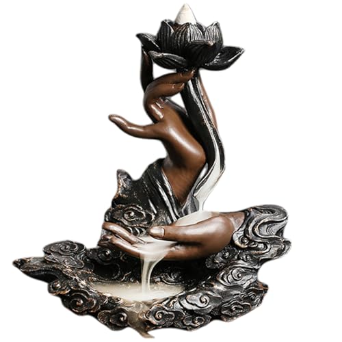 Backflow Incense Burner 7.1x3x6.4 Retro Lotus Waterfall Incense Holder with Buddhas Hand, Decorative Resin Burner for Teahouse, Meditation | Backflow