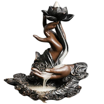 Backflow Incense Burner 7.1x3x6.4 Retro Lotus Waterfall Incense Holder with Buddhas Hand, Decorative Resin Burner for Teahouse, Meditation | Backflow
