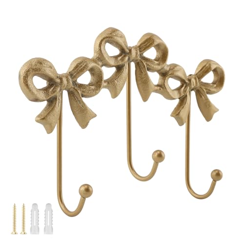 Bow Wall Hook, Wall Mounted Bow Coat Hooks, Decorative Iron Hook, Multifunctional Coat Hanger for Living Room Bathroom Bedroom(Color:Gold)