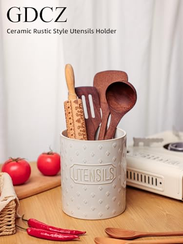 GDCZ Ceramic Utensil Holder 7 Inch, Utensil Crock for Countertop (White) | Large 7" Capacity, Sturdy Countertop Tool Organizer, Durable Ceramic, Embossed Utensils - color: White