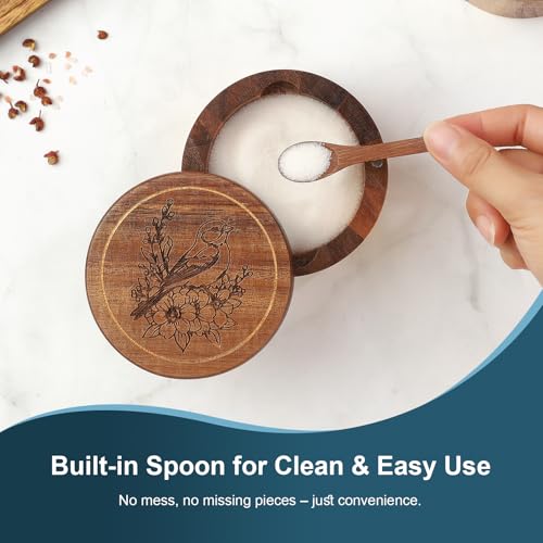 Salt Cellar, 2PCS Salt Container Acacia Wood Salt and Pepper Box for Countertop with Built-in Spoon & Swivel Lid, Wood Salt Holder Bowl for Kitchen, Seasoning Storage (Rose & Bird Engraving) - color: Acacia Wood Rose and Bird Set