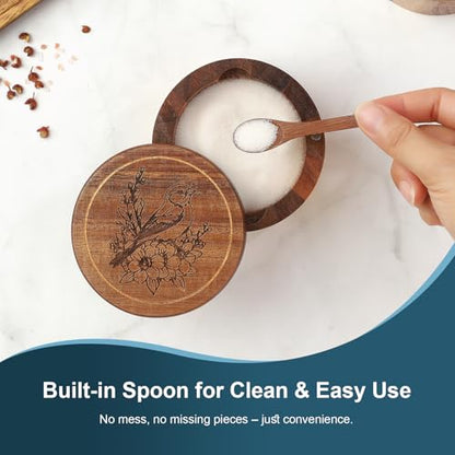 Salt Cellar, 2PCS Salt Container Acacia Wood Salt and Pepper Box for Countertop with Built-in Spoon & Swivel Lid, Wood Salt Holder Bowl for Kitchen, Seasoning Storage (Rose & Bird Engraving) - color: Acacia Wood Rose and Bird Set