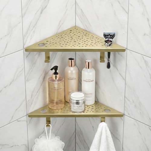 HIDROP Brushed Gold Corner Shower Shelf with Hooks and Razor Holes, 2 Pack | 4 Hooks & 4 Razor Holes, 10 inch 304 Stainless Steel Triangle Corner Shelf,1.5mm Thickened,Fast Drainage, Embed into Tile Gap - color: Brushed Gold
