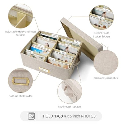 Collapsible Photo Storage Box, Adjustable Dividers - Beige, 35cm | Holds 1700 Photos, Hook & Loop Dividers, Handle, Label Stickers - color: Beige, size: 13.78"x11"x 5.12"