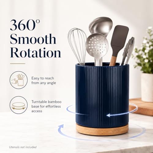 360° Rotating Cooking Utensil Holder, Kitchen Utensil Holder for Countertop | Utensil Crock for Kitchen Counter with Rotatable Wooden Base,Ideal Housewarming Gift & Mothers Day Gift-Blue - color: Blue