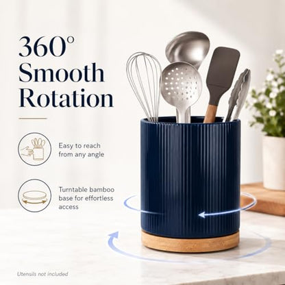 360° Rotating Cooking Utensil Holder, Kitchen Utensil Holder for Countertop | Utensil Crock for Kitchen Counter with Rotatable Wooden Base,Ideal Housewarming Gift & Mothers Day Gift-Blue - color: Blue