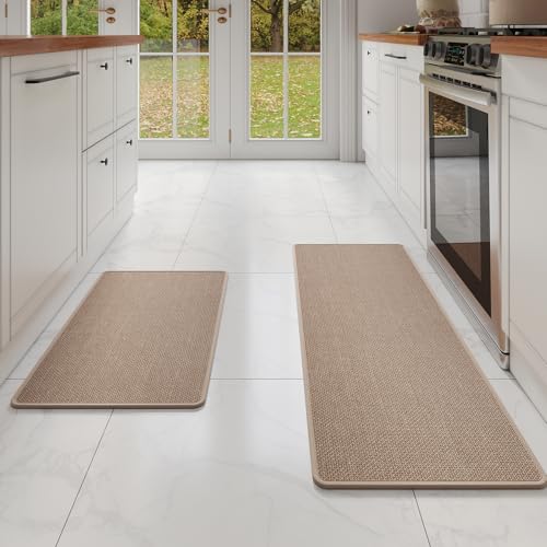 Kitchen Mat Kitchen Rugs Sets of 2 PCS Non Slip Brown 17"x30"+17"x59" | Super Absorbent Woven Rubber Backing Washable Kitchen Floor Mat Sink Mat Runner Rugs Front of Sink, Easy Clean - color: A- Brown, size: 17"x59"+17"x30"