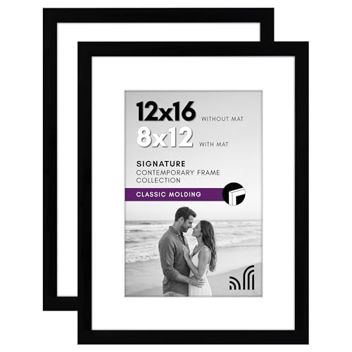 Americanflat 12x16 Picture Frame with Shatter-Resistant Glass - Set of 2 - Use as 8x12 Frame with Mat or Display 12x16 Photo Without Mat - Signature Collection - Picture Frames for Wall - Black | Engineered Wood construction, Shatter-resistant glass, hang