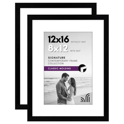 Americanflat 12x16 Picture Frame with Shatter-Resistant Glass - Set of 2 - Use as 8x12 Frame with Mat or Display 12x16 Photo Without Mat - Signature Collection - Picture Frames for Wall - Black | Engineered Wood construction, Shatter-resistant glass, hang