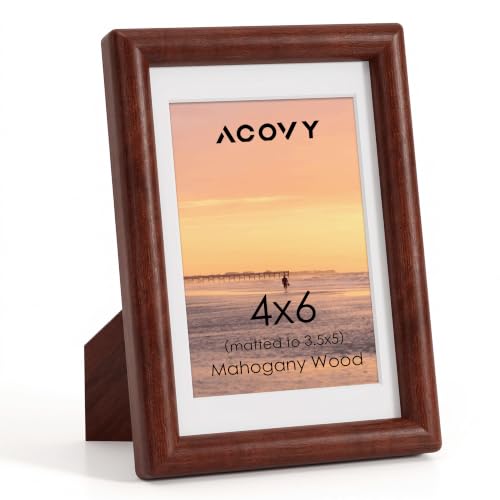 Acovy 4x6 Picture Frame, Natural Solid Oak Wood 4"x6" Photo Frame for Wall, Handcrafted Wooden Frame 4 x 6 Matted to 3.5x5, High Definition Tempered Glass, Wall Hook Included, Mahogany Wood - color: Mahogany, size: 4"x6"