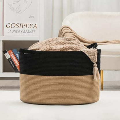 XXXLarge Woven Cotton Rope Basket (21.7" x 13.8") – Blanket Basket for Living Room, Laundry Hamper, Baby Laundry Hamper, Toy Storage, Pillows & Cushions Organizer (Black&Brown) - color: Black&Brown
